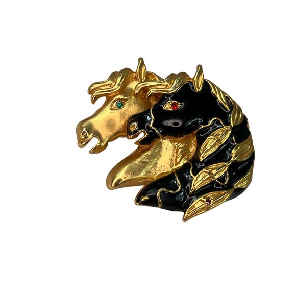 Vintage Gold Tone & Black Enamel Horse Head Brooch Pin Rhinestone Eyes Mane - Picture 2 of 10